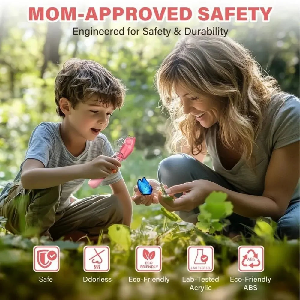 A mother and son are shown using a handheld insect catcher for safety and durability.