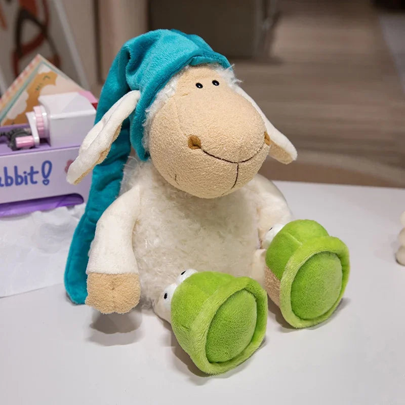 A soft white plush toy resembling a sheep with blue ears and green feet.