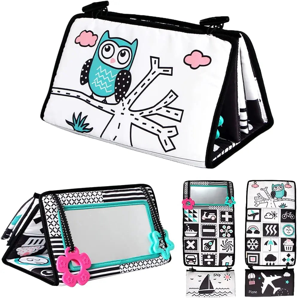 High-Contrast Tummy Time Baby Mirror with Crinkle Cloth Book and Teether