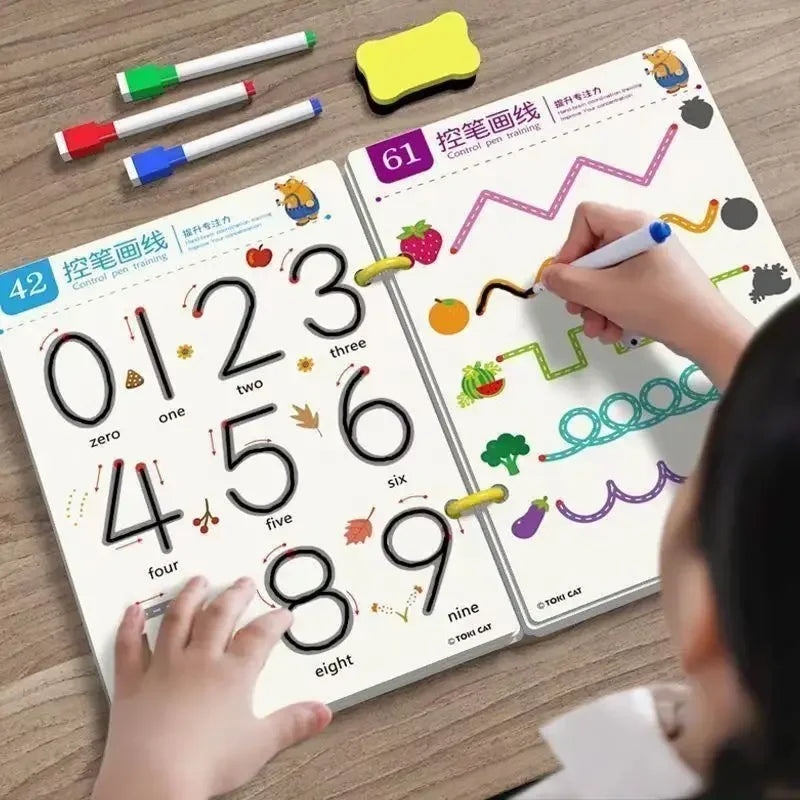A close-up of a reusable magic drawing workbook showing numbers and lines for practicing pencil control.