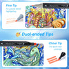 A set of MirelaArt dual-ended alcohol markers showing fine tip and chisel tip applications on colorful artwork.
