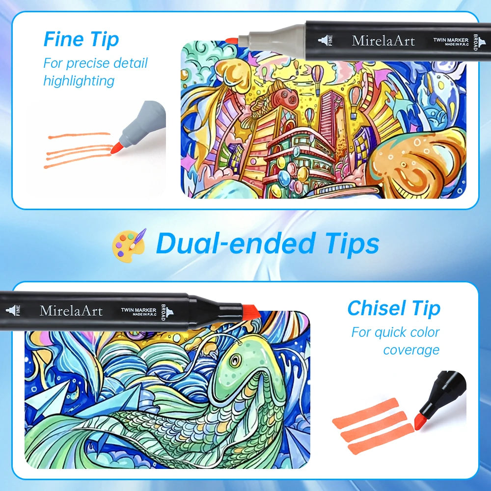 A set of MirelaArt dual-ended alcohol markers showing fine tip and chisel tip applications on colorful artwork.