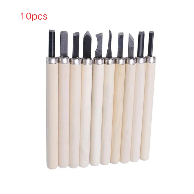 A set of ten wooden handles with metal blades for professional wood carving chisels.