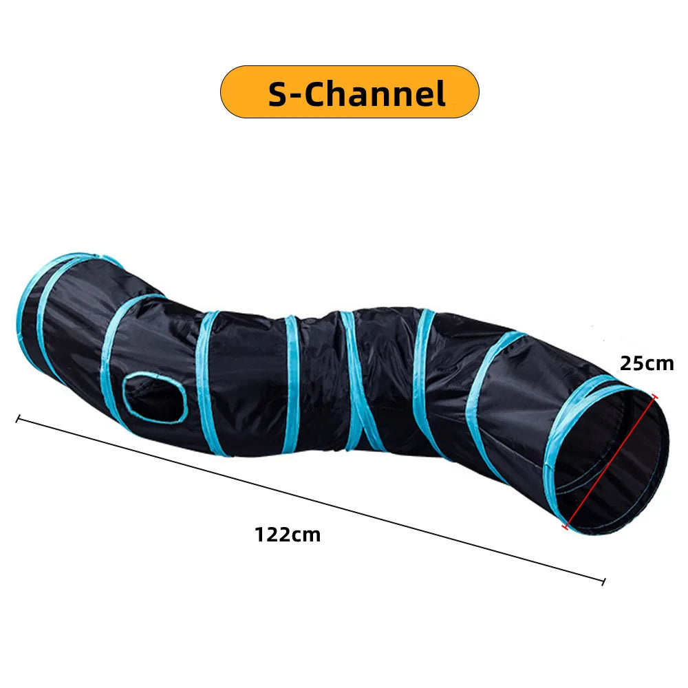 Black and blue S-channel foldable cat tunnel with hanging ball toys