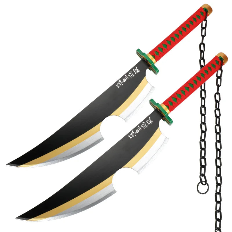 A Japanese katana sword with a black blade, red hilt, and gold fittings, suspended by a chain.
