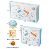 A box of a word spelling game containing letter cards and wooden blocks for children's educational play.