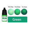 A set of liquid green candle wax pigment drops shown in a dropper bottle with options for one, five, or ten drops.