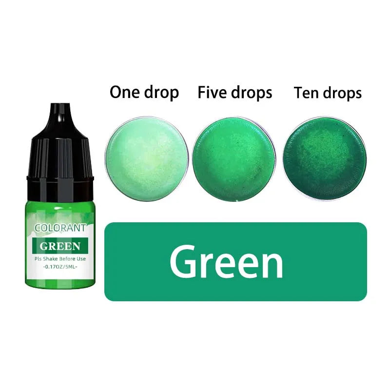 A set of liquid green candle wax pigment drops shown in a dropper bottle with options for one, five, or ten drops.