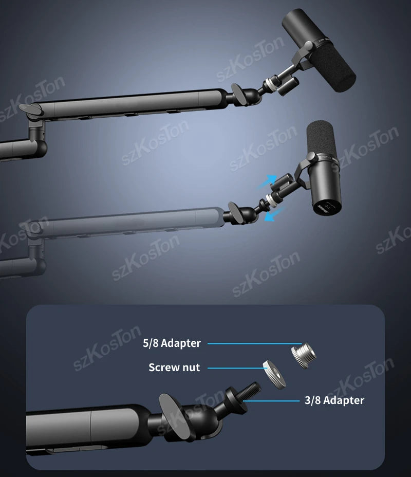 A low profile microphone arm with an extension riser and various adapters shown in detail.