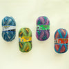 Four balls of Opal 4-Ply Sock Yarn in various colors including teal, green, and pink.