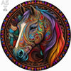 A detailed, colorful wooden puzzle of a horse's head with intricate patterns.