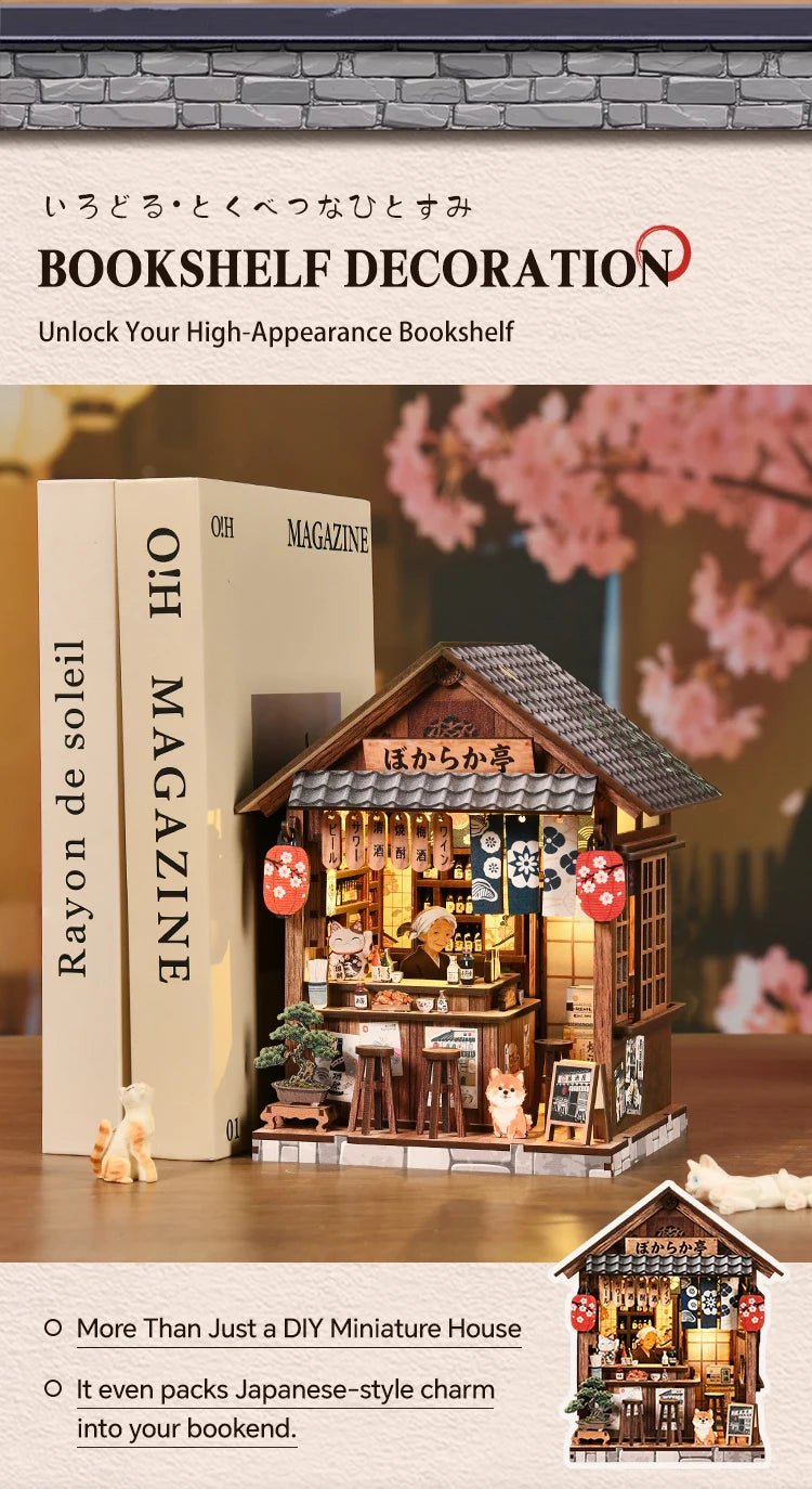 A detailed wooden miniature Japanese izakaya house kit with interior display and lighting elements.