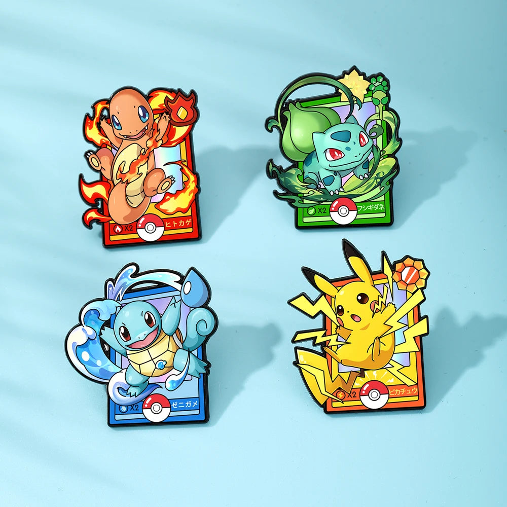 A set of four cute enamel pins featuring Pokémon characters, including Charizard and a Growlithe, displayed against a light b