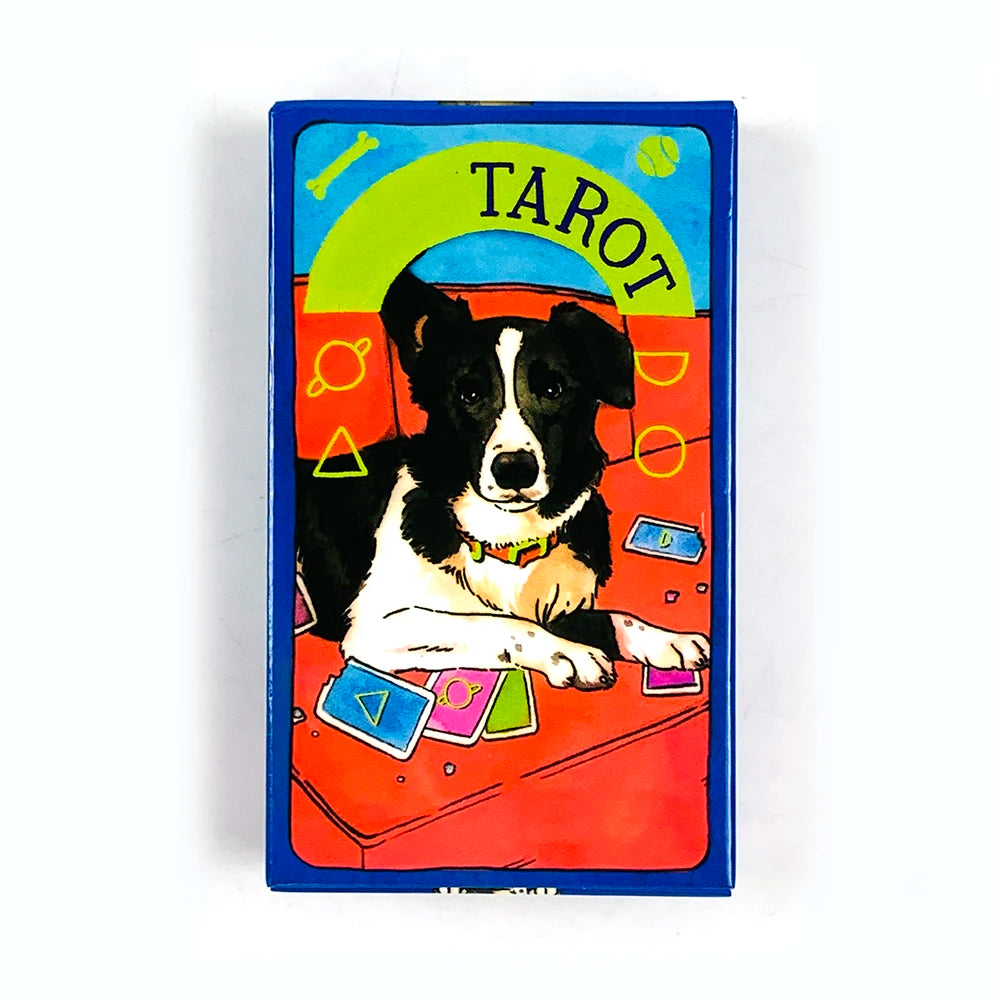 A tarot card featuring a black and white dog sitting on a red background with yellow and green symbols.