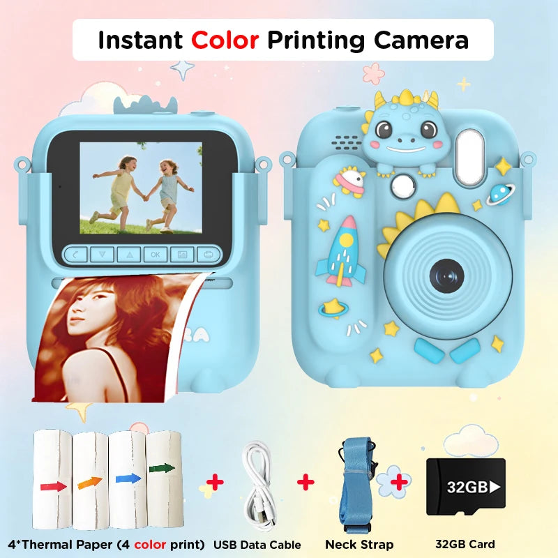 A blue instant color printing camera with a dinosaur design, thermal paper, USB cable, and 32GB card.