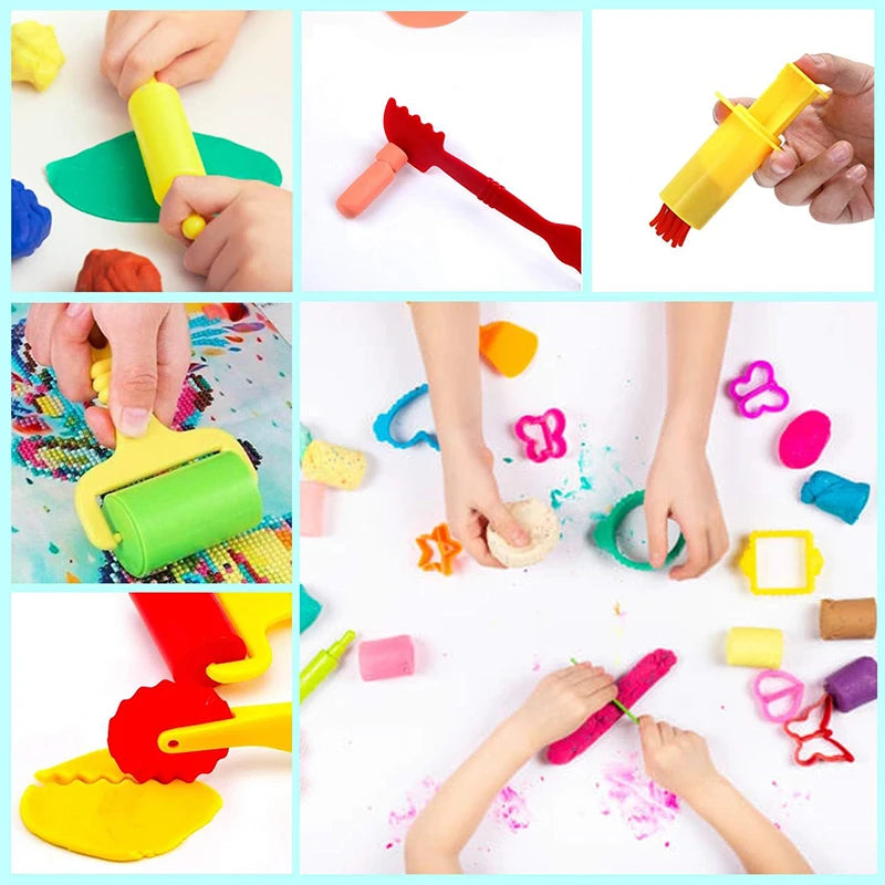 A collection of colorful play dough tools including extruders, cutters, and rollers used by children.