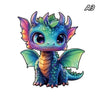 A detailed illustration of a small, iridescent blue dragon with purple accents and green wings.