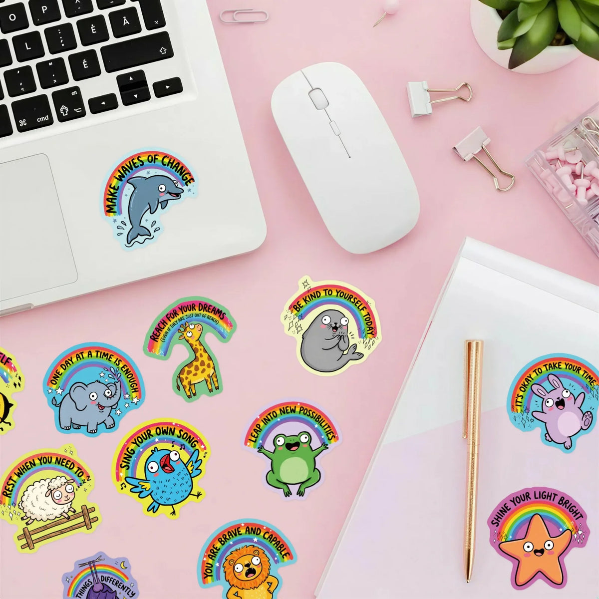 A collection of colorful animal positive quote stickers featuring various animals and inspirational phrases on a pink backgro
