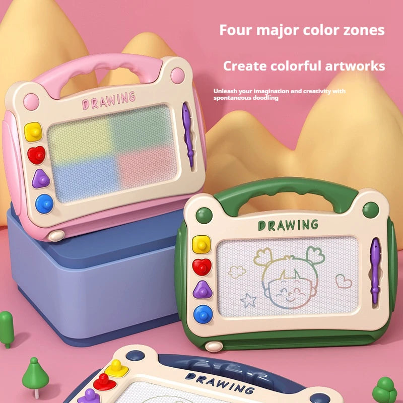 A set of pink and green magnetic drawing boards for kids used to create colorful artworks
