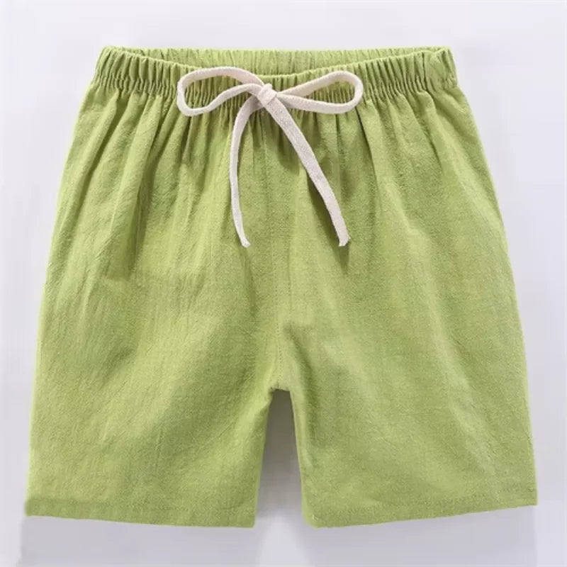 Light green linen shorts for kids with an adjustable elastic waist