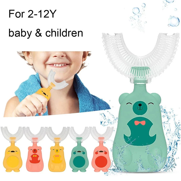 A silicone U-shape baby toothbrush with various colored heads for toddlers and children.