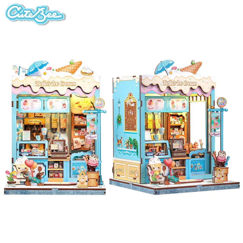 A detailed 3D wooden book nook kit featuring a bakery display with LED lighting and various food items.
