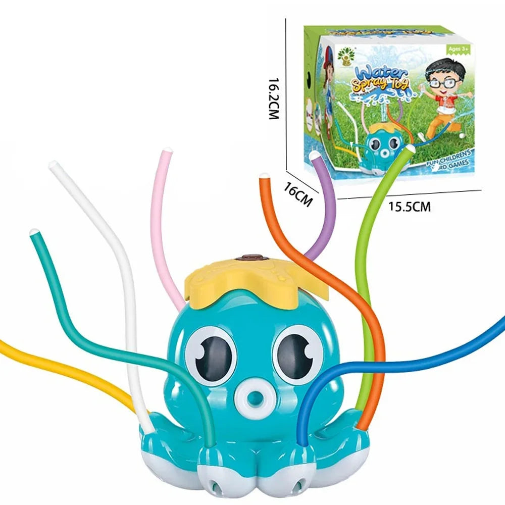A blue octopus water spray sprinkler toy with flexible tubes and a yellow top, shown against a white background.