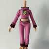 A pink knitted doll fashion set featuring a long-sleeved top and matching pants with brown trim.