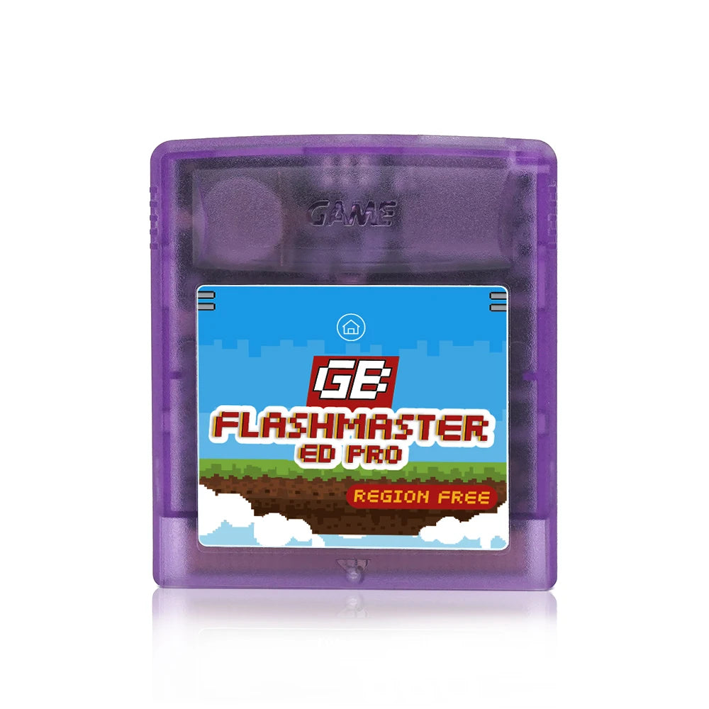 Purple Game Boy Flash cartridge with a colorful label featuring the FlashMaster ED Pro game title