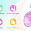 A hand holds colorful, iridescent raindrop squishy toys with icons indicating stress relief, kid-friendliness, strength build