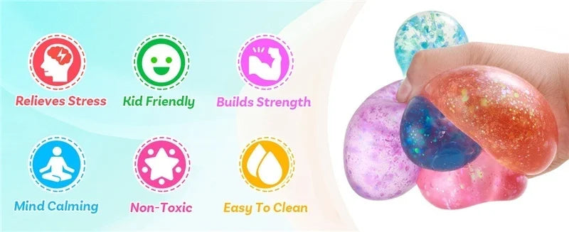 A hand holds colorful, iridescent raindrop squishy toys with icons indicating stress relief, kid-friendliness, strength build