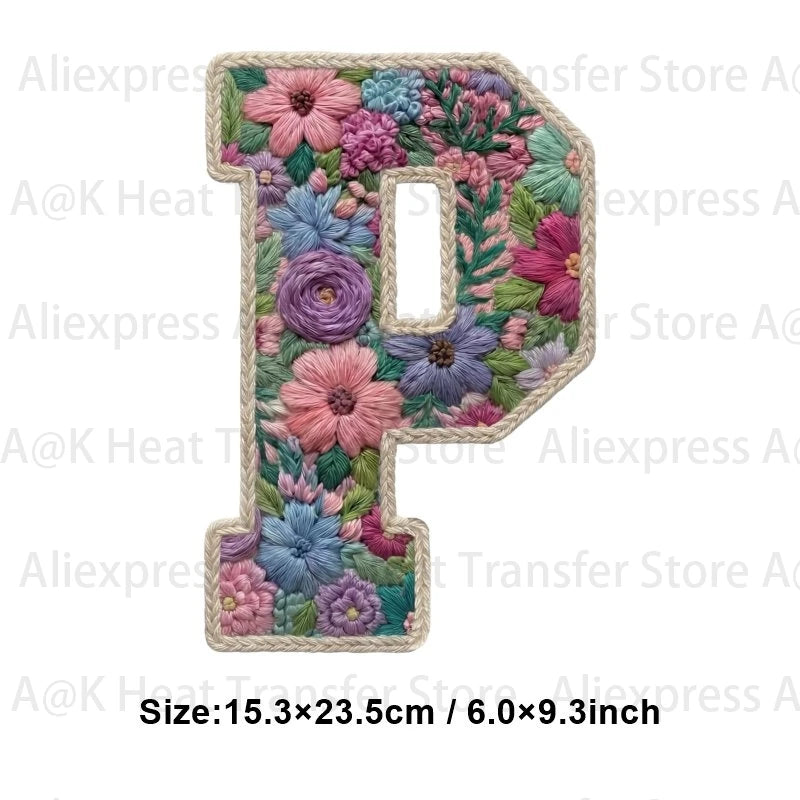 A floral letter P patch made of fabric for DIY clothing and accessories