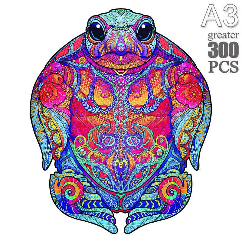 A vibrant, colorful wooden animal puzzle set featuring a frog design for kids and adults.