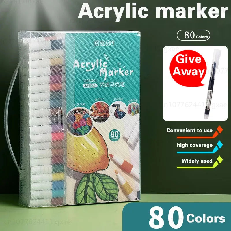 A box of 80 color acrylic markers for painting on various surfaces