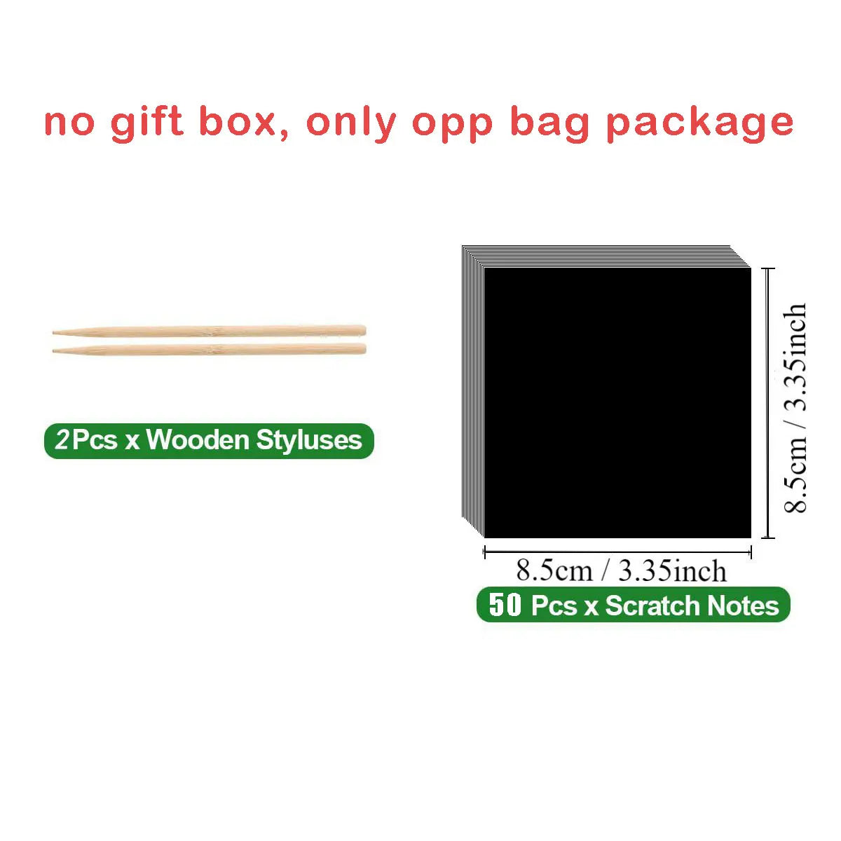 A black box containing two wooden styluses and fifty scratch notes for a rainbow art set.