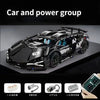 A black 1:14 scale RC sports car model is shown with various accessories and components for building or use.