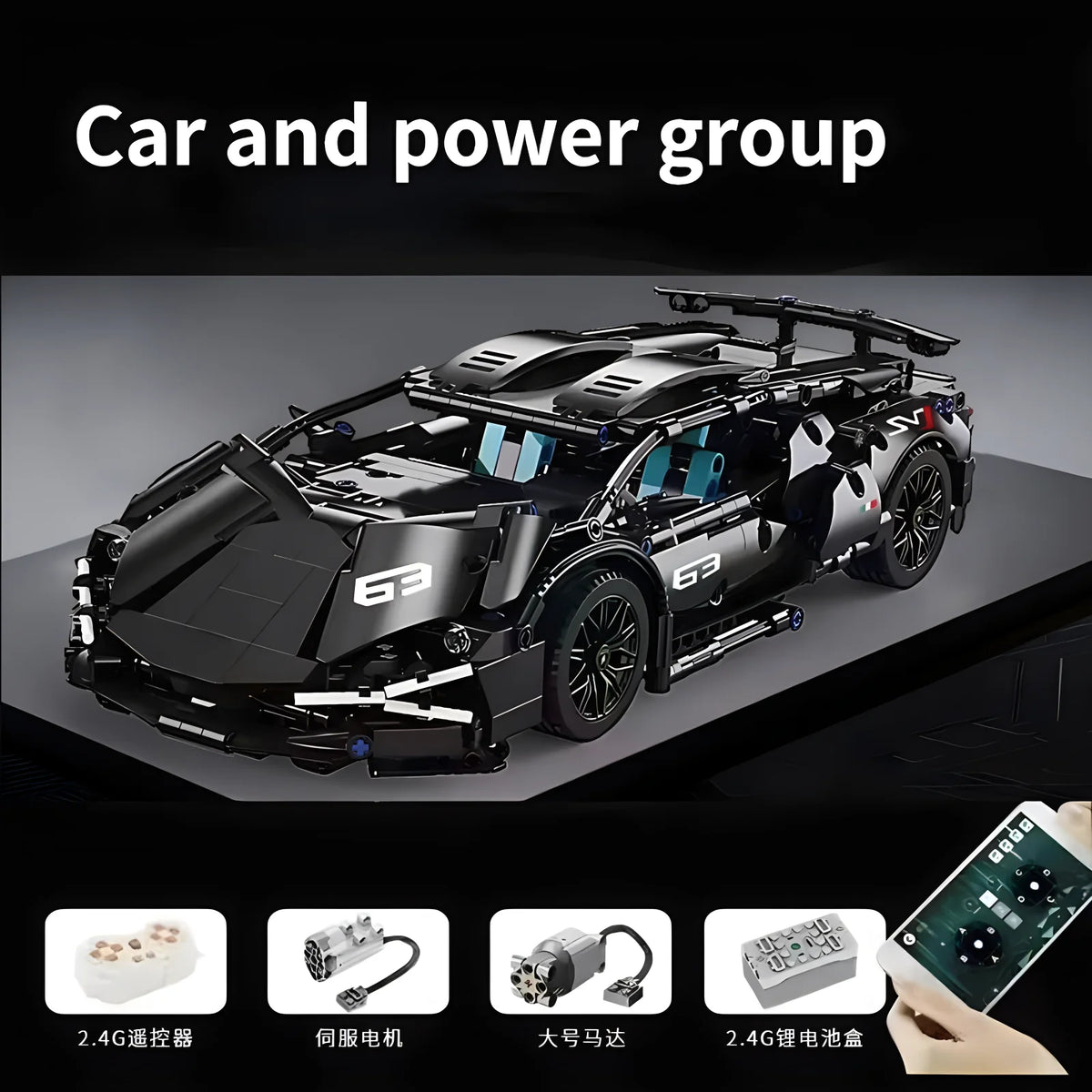 A black 1:14 scale RC sports car model is shown with various accessories and components for building or use.