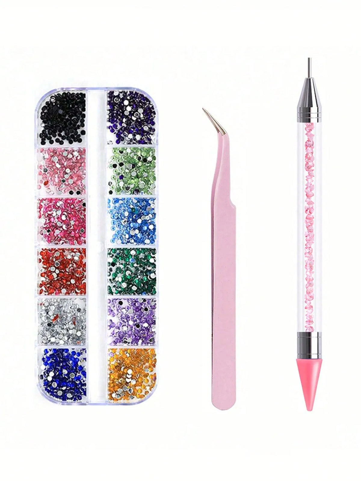 A set of multi-size flat back acrylic rhinestones in various colors displayed alongside a nail art tool.