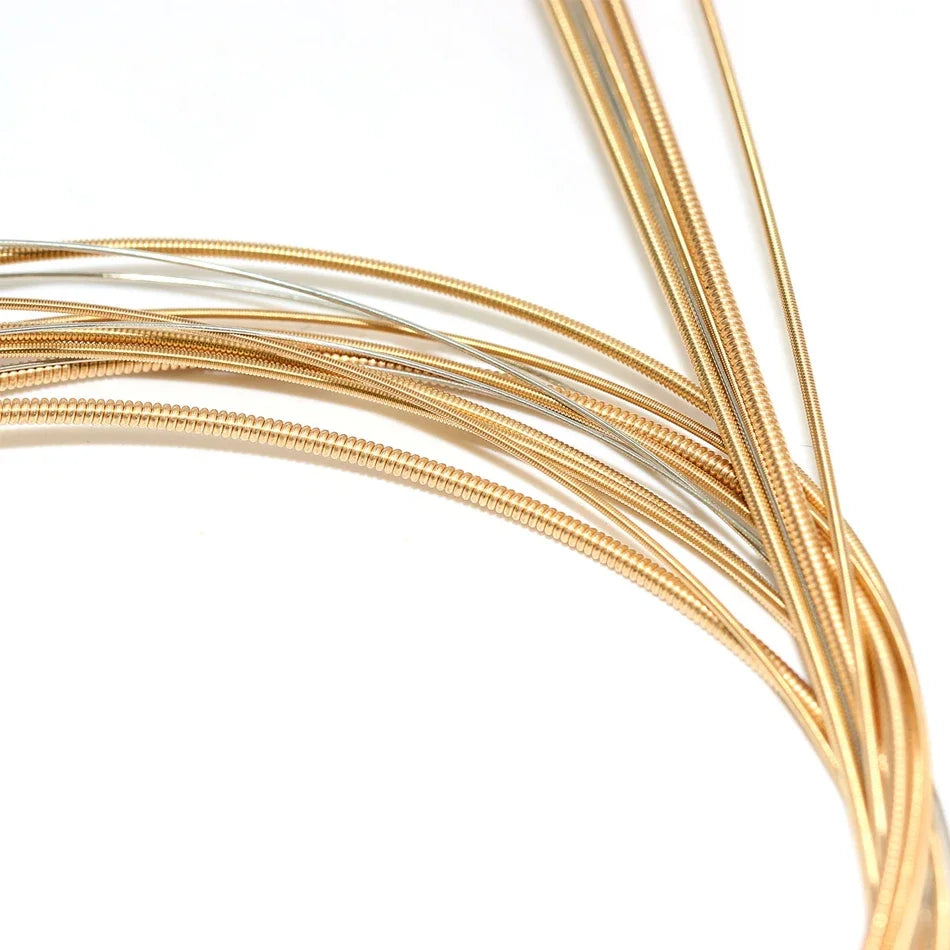 Close-up view of thin bronze acoustic guitar strings coiled and laid out against a white background.