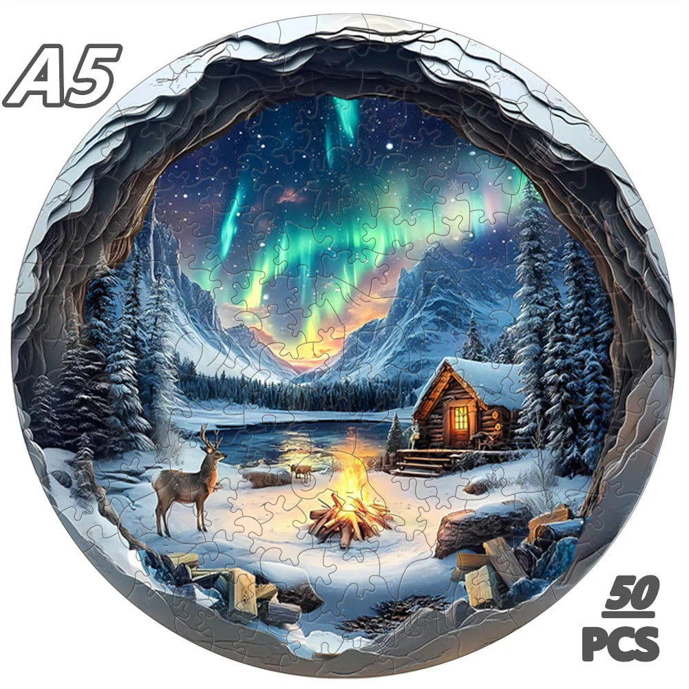 A jigsaw puzzle depicting a snowy forest landscape with a wooden cabin and aurora borealis