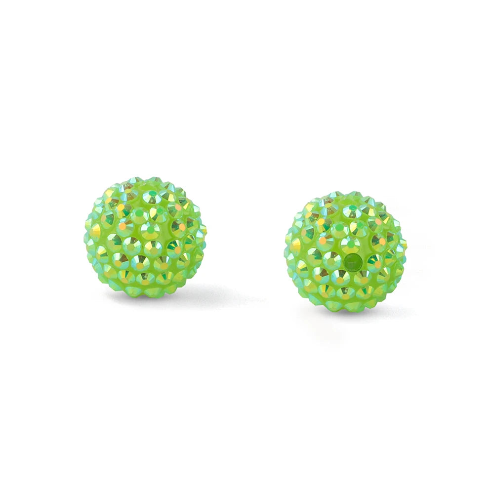 A pair of bright green rhinestone resin bayberry ball beads for jewelry making.