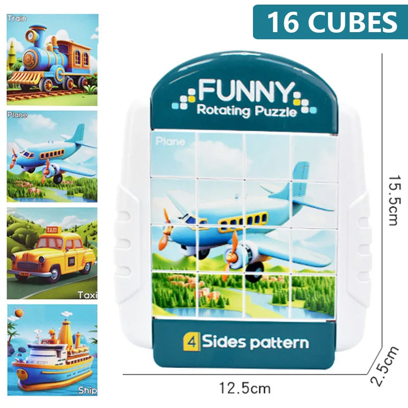 A white rotating puzzle featuring four scenes: train, plane, taxi, and ship, with a sides pattern design.