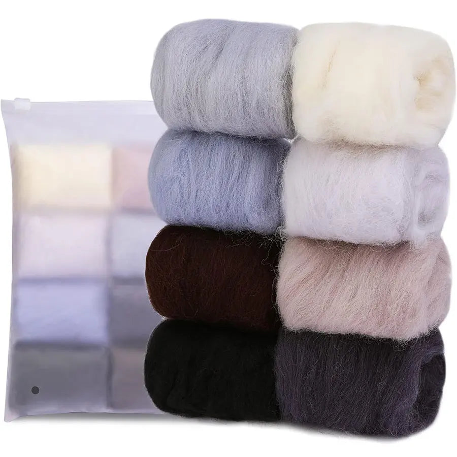 8-Color Wool Roving for Needle Felting – 100% Natural Fiber Craft Set