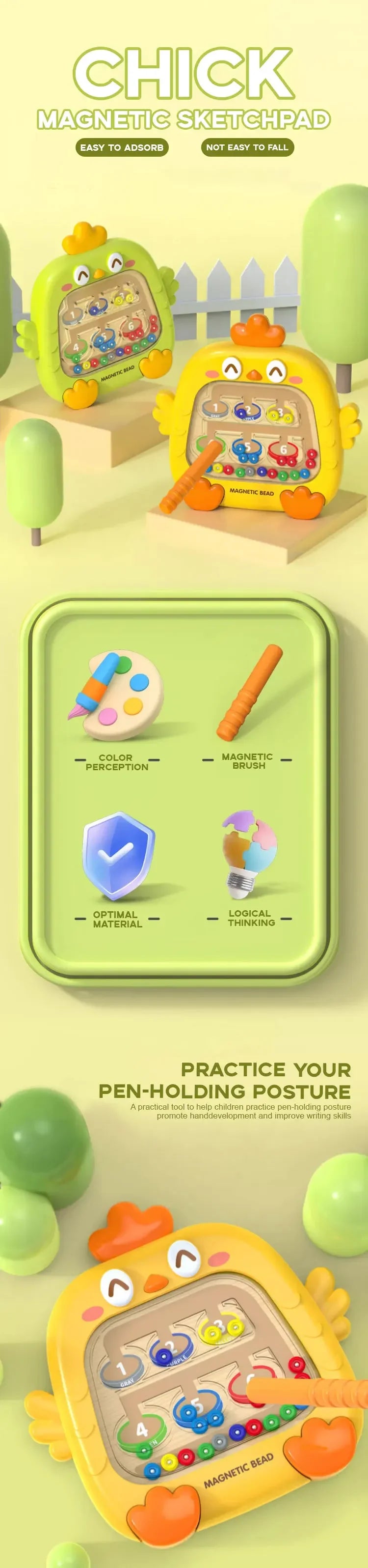 A yellow magnetic bead sketchpad with a colorful insert and a magnetic brush, used for color perception and logical thinking 
