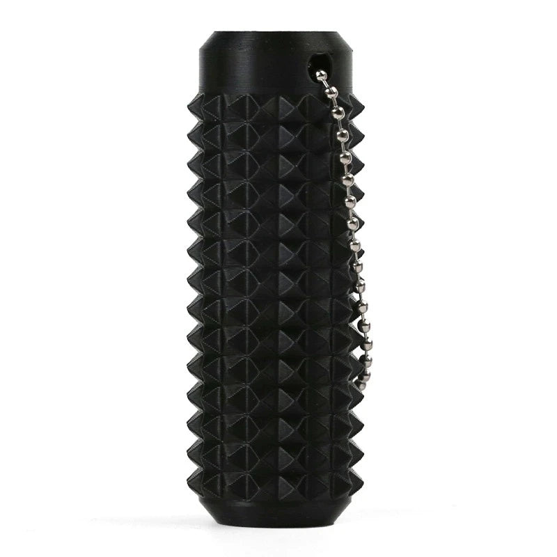 Black 3D printed sensory fidget roller keychain with a textured surface and silver chain.