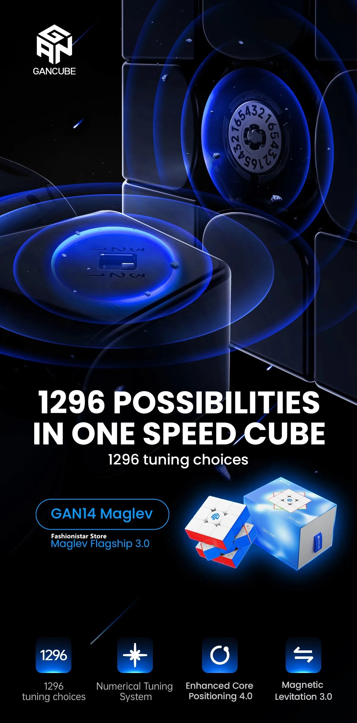 A blue GAN14 Maglev speed cube with various tuning choices displayed on a dark background.