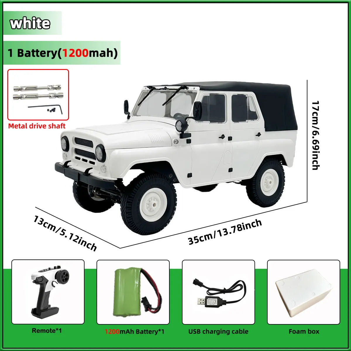 White 1/12 scale 4WD RC rock crawler truck with LED lights and accessories