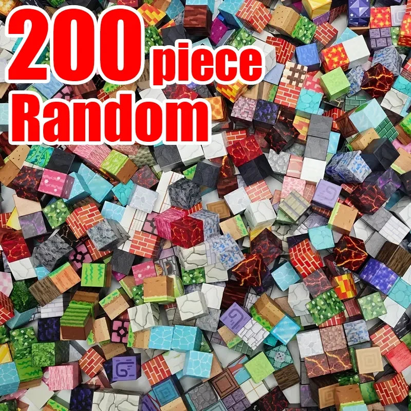 A pile of 200 random magnetic building cubes in various colors and patterns.