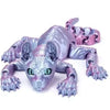 A purple and silver articulated 3D printed figurine of a Sphynx cat with textured fur.