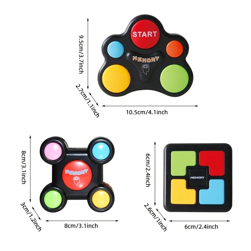 A black light-up memory game board with colored buttons and a separate memory grid.